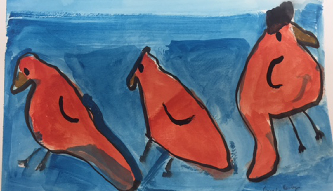 Painting of three red cardinals on a blue background. Artist is a dementia patient. 