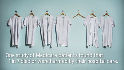 Six patient gowns hanging on a wall with one empty space. One study of Medicare patients found that 1 in 7 died or were harmed by their hospital care.