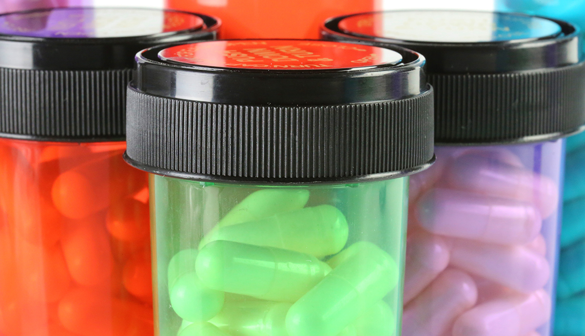 Colorful bottles of generic prescription drugs. 