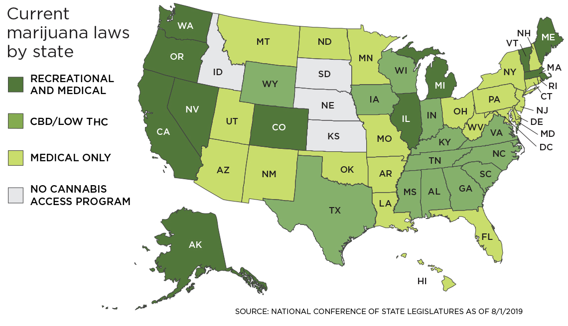 A map of the United States showing the legal status of marijuana color coded by state