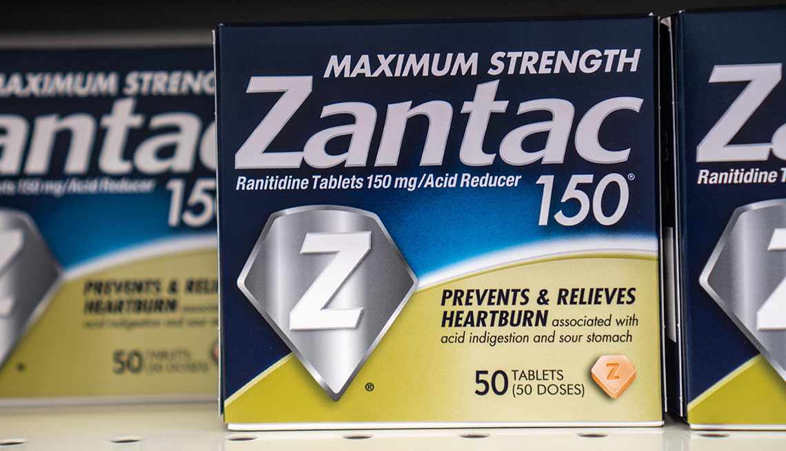 Boxes of heartburn medication Zantac on a store shelf