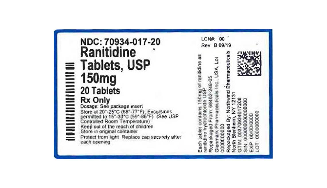 item 2 of Gallery image - Recalled Ranitidine label, 150 mg, 20 tablets