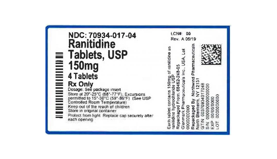 item 1 of Gallery image - Recalled Ranitidine label, 150mg, 4 tablets