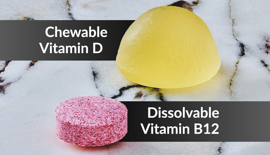 photo of a gold colored chewable vitamin d three supplement and a dissolvable vitamin b twelve supplement