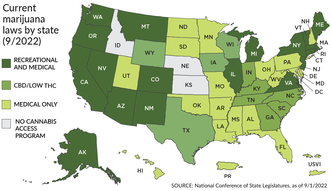 Map showing the legal status of marijuana in each US state.