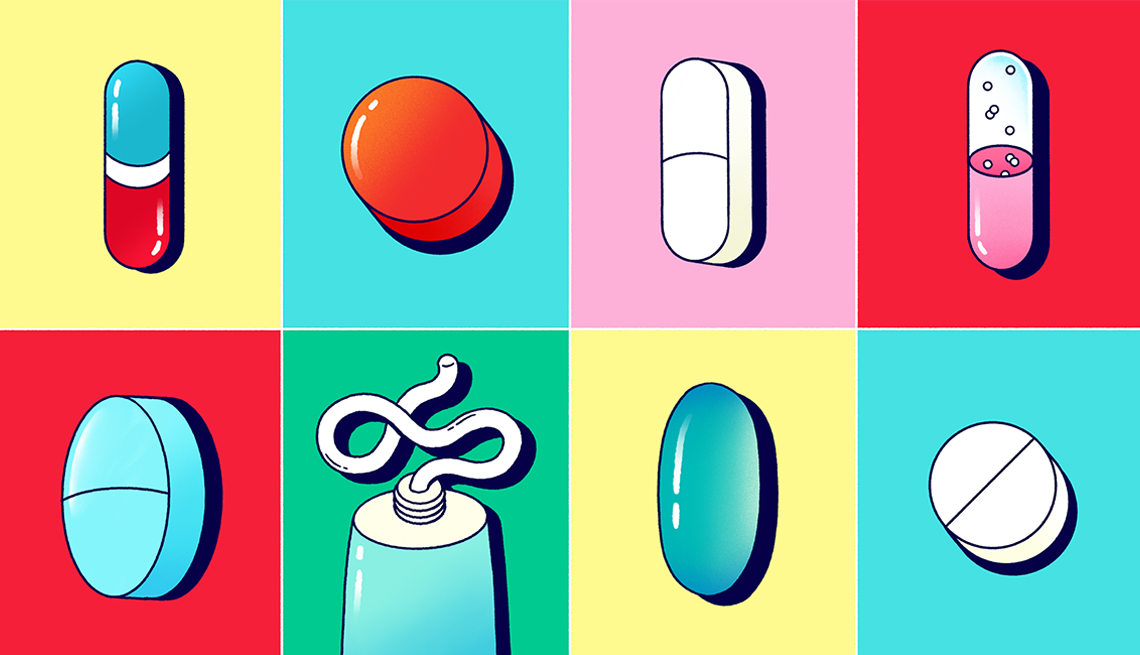 Ilustración con recuadros donde se ven varias pastillas de diferentes formas y colores y un tubo de un ungüento