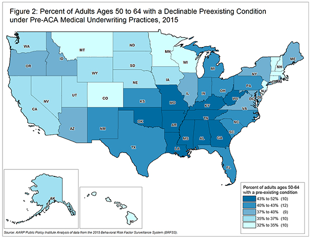 Figure 2 % Pop 50-64 Pre-Existing Condition by State Map - AARP