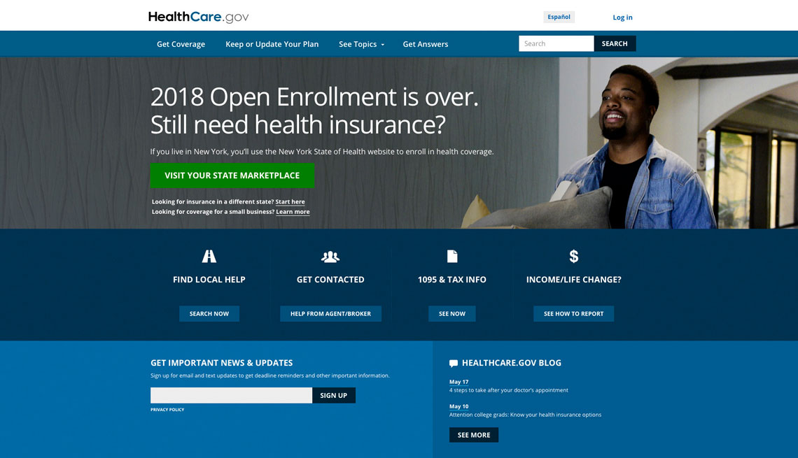 Captura de pantalla de la página digital de Healthcare.gov