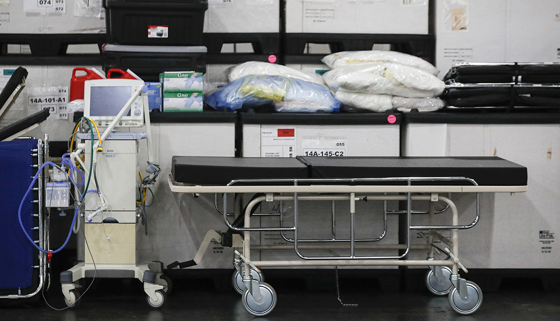 A stretcher, ventilator and other hospital equipment