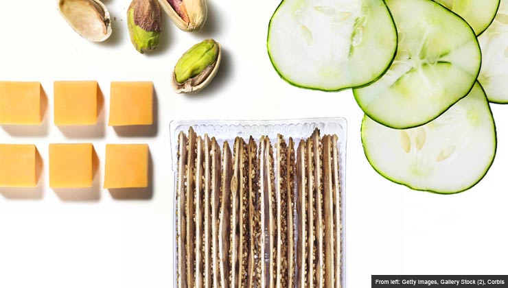 Cheese, pistachios, cucumbers and whole grain crackers. Healthy snacks.
