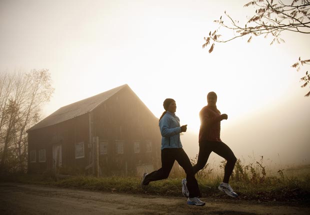Couple running past barn, Make the most of your morning