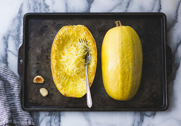 Spaghetti Squash on a baking tray, Foods That Reduce Stress