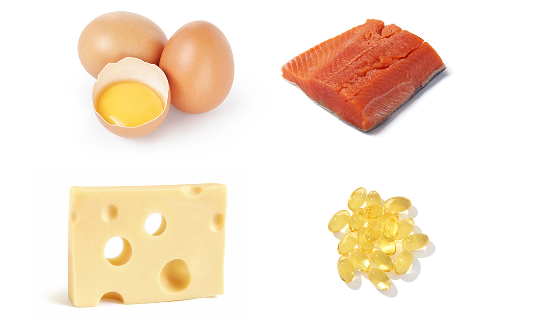 Huevos, salmón, queso y vitaminas
