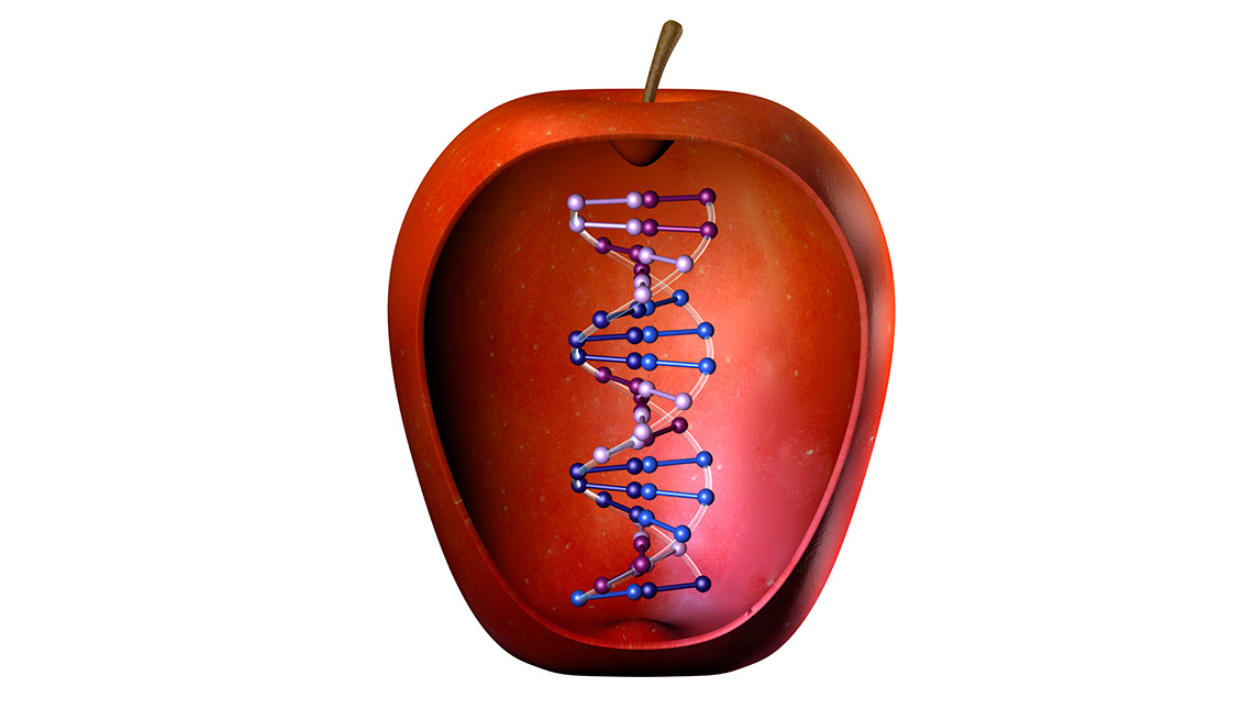 Gráfico de una manzana con una hélice de ADN al centro