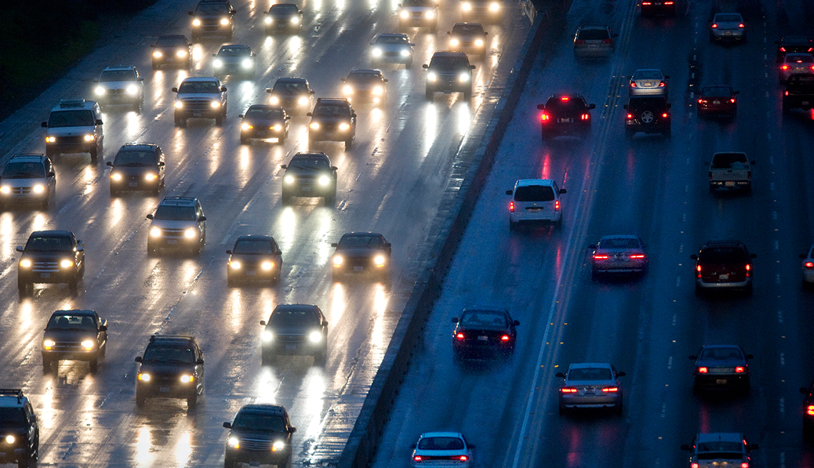 Highway traffic on a wet road at night, Nine Numbers Extend Life, Commute Drive Traffic Highway