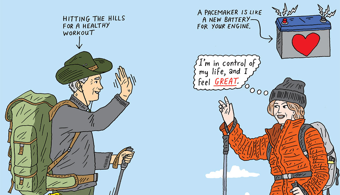 illustration of two mature adults hiking