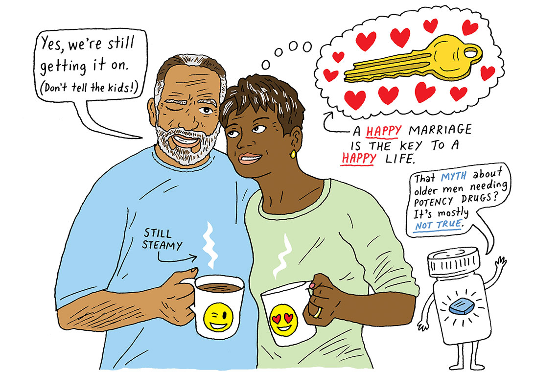 an illustration of a mature couple holding coffee mugs