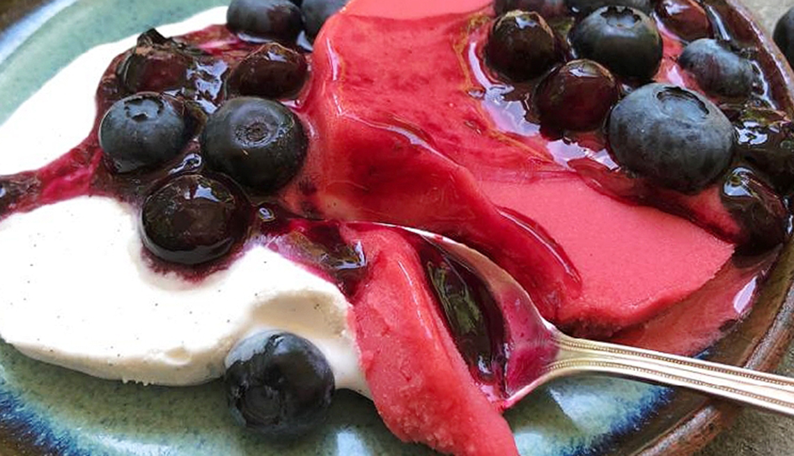 Frozen Coconut Milk and Raspberry Sorbet with Blueberry Sauce