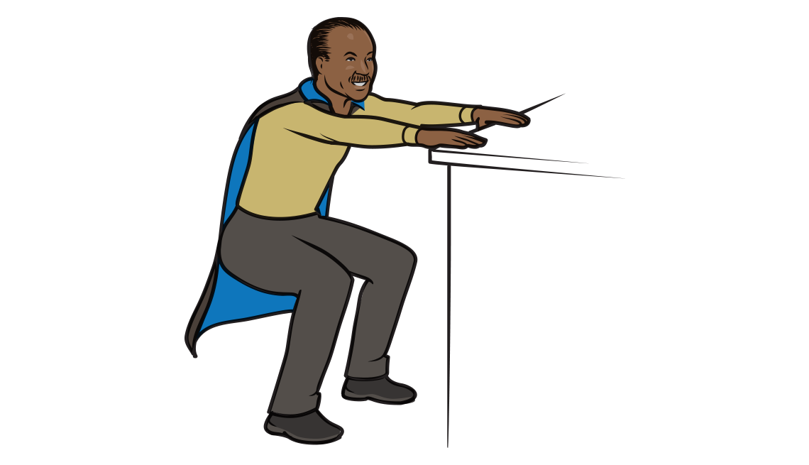 An illustration of actor Billy Dee Williams performing squats with the help of a countertop for balance