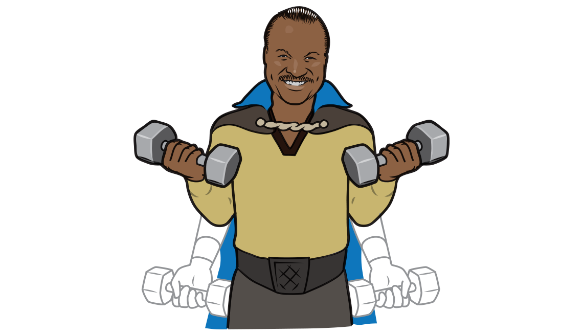 An illustration showing Billy Dee Williams doing bicep curls with dumbbells
