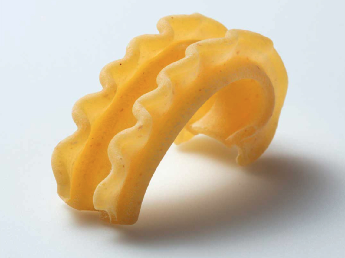 closeup of one piece of cascatelli pasta