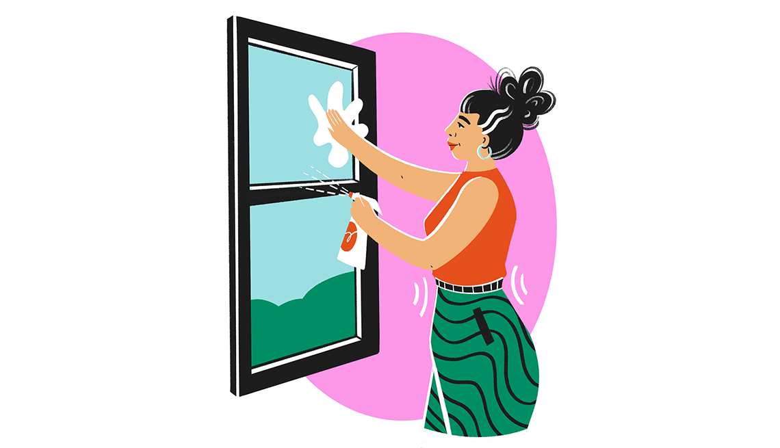 Ilustración de una mujer limpiando las ventas