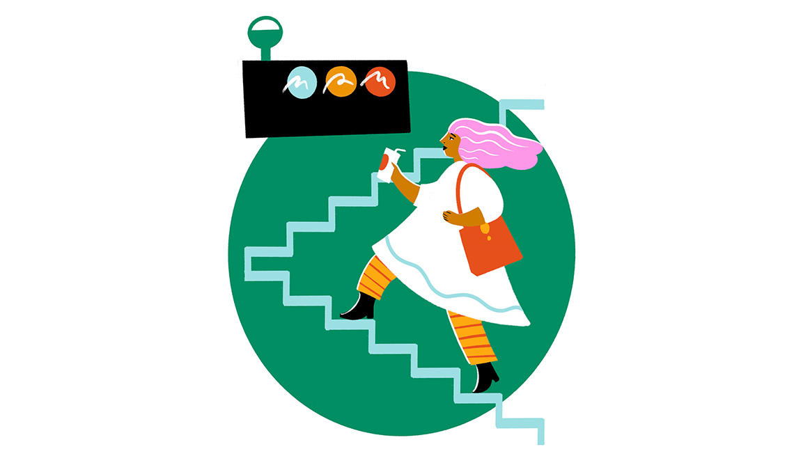 an illustration of a woman walking up the stairs