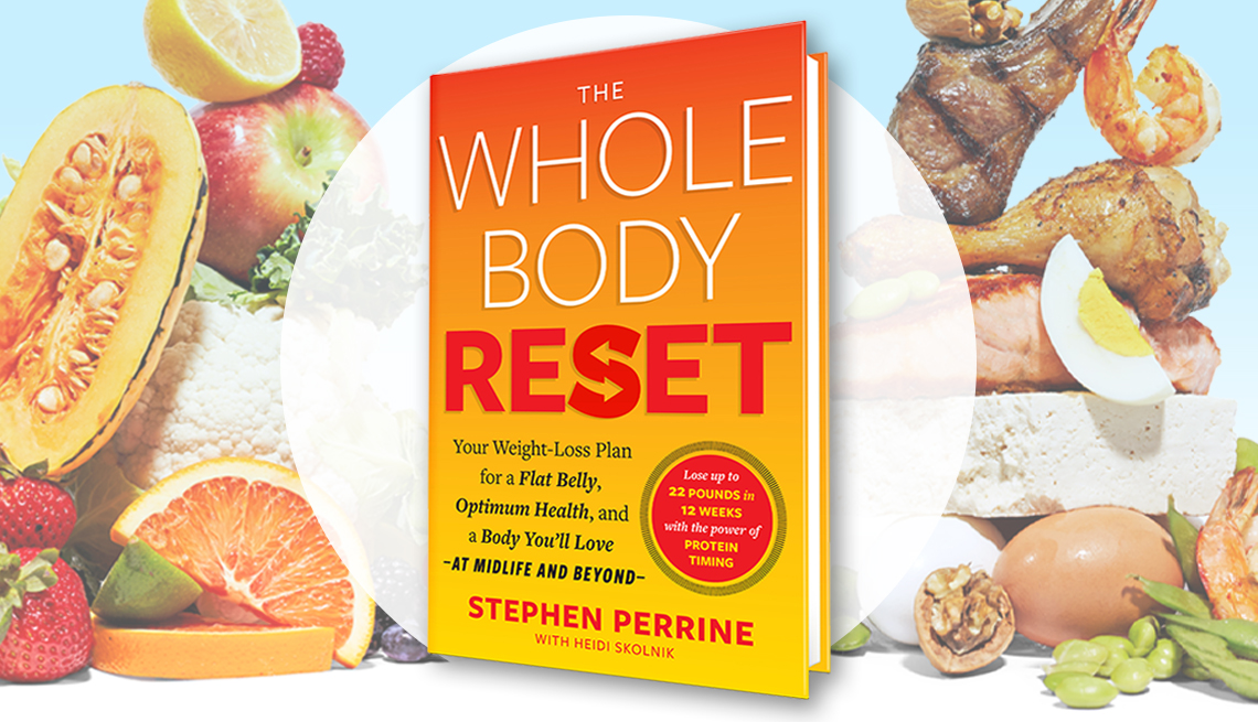 Portada del libro The Whole Body Reset al centro y rodeado de diferentes alimentos saludables
