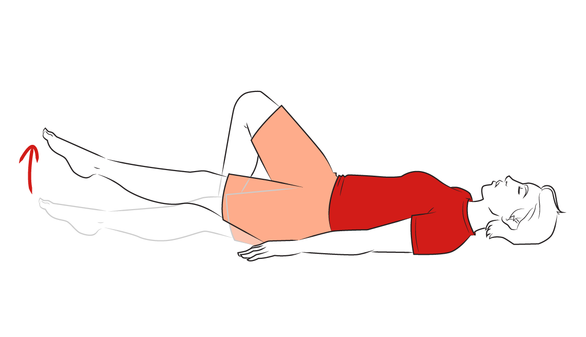 Ilustración de una mujer de una mujer acostada en el piso mientras ejercita una pierna con la otra flexionada