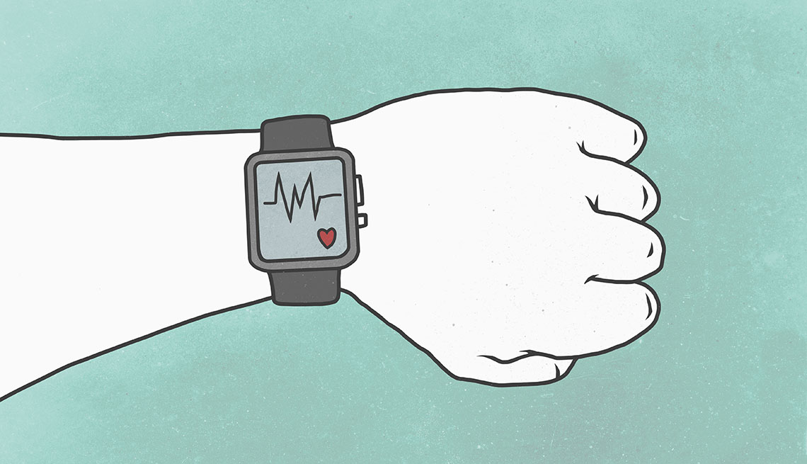 Ilustración de una mano con un reloj inteligente que monitorea la salud