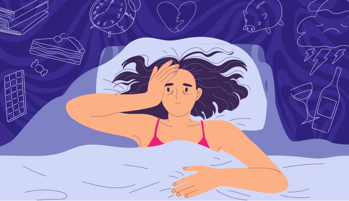 Ilustración de una mujer en su cama sin poder dormir
