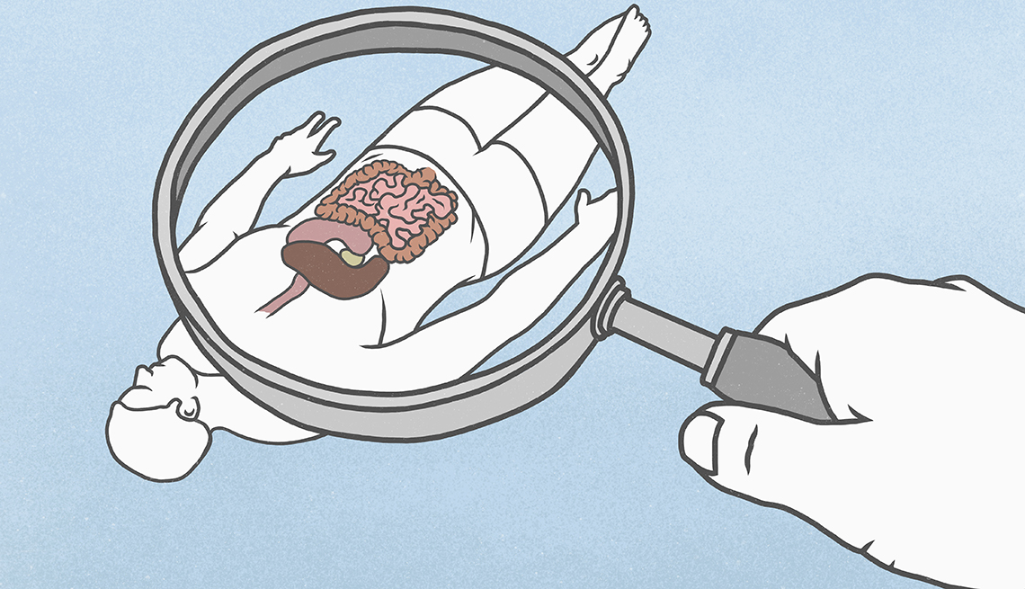 Ilustración de una mano con una lupa observando un cuerpo humano donde se destacan los órganos internos