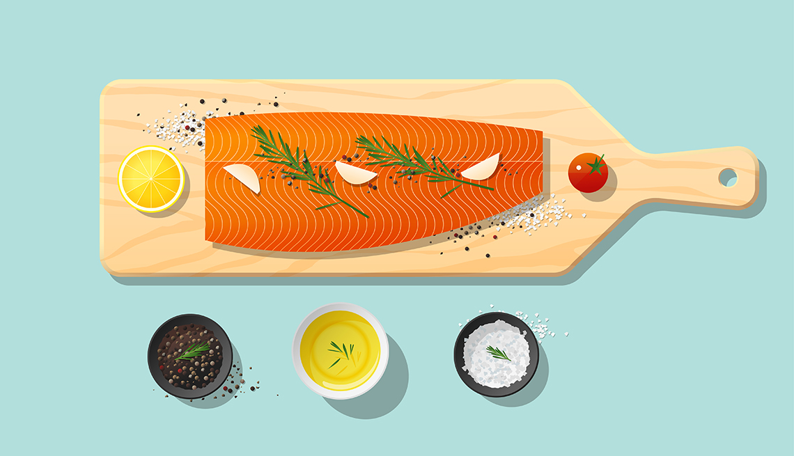 Ilustración de una tabla para cortar con un filete de salmón y varias especias para sazonar