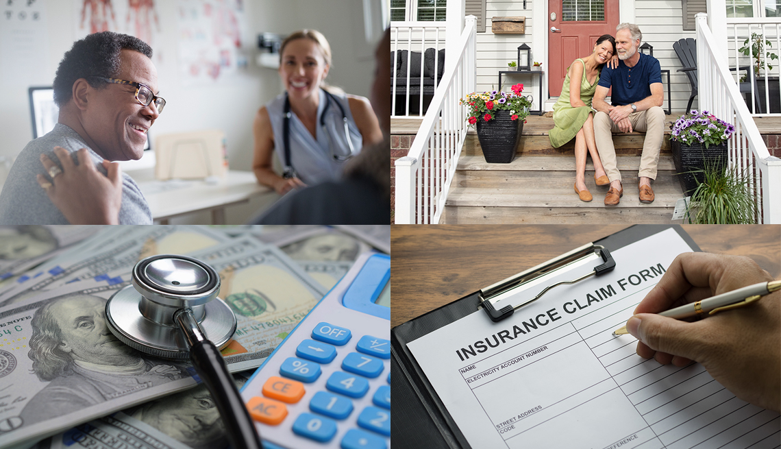 collage of four images - a man in a doctor's office,  couple sitting on their front porch, stethoscope and calculator on top of currency, and an insurance claim form