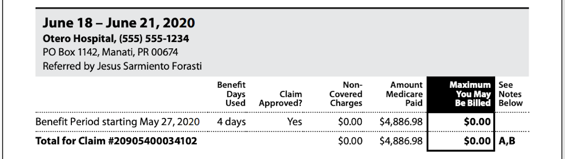 screen capture of a Medicare summary notice for Part A