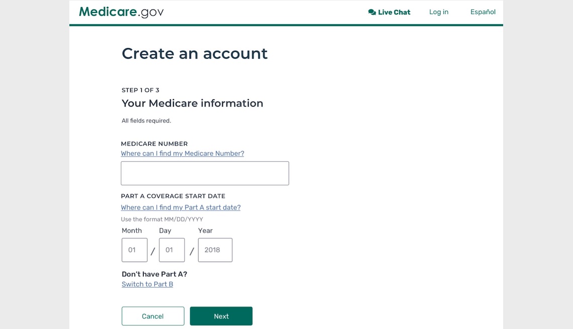 screenshot from online Medicare enrollment with the header Create an account-Your Medicare information