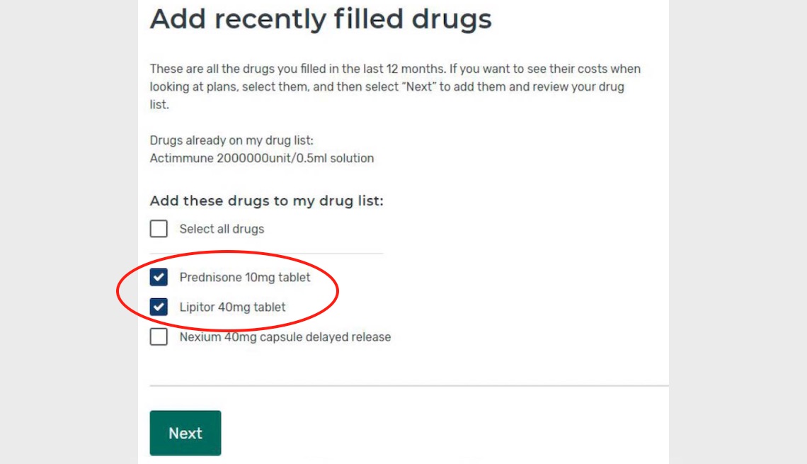 screenshot from Medicare online enrollment with the header Add recently filled drugs