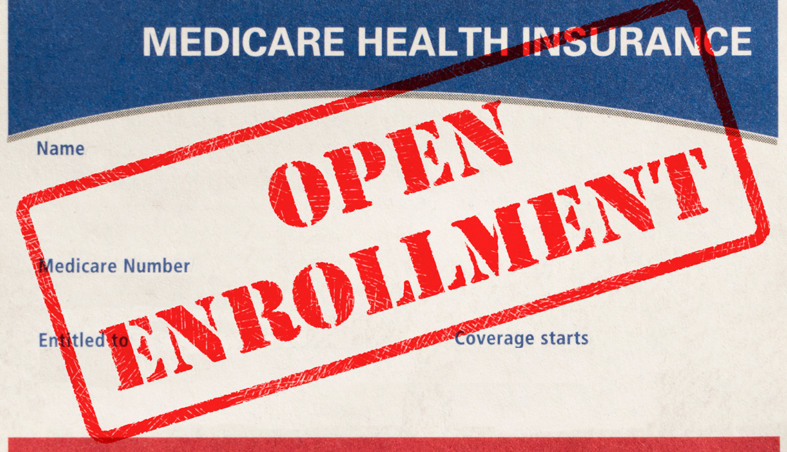 Medicare enrollment card with the words Open Enrollment stamped in red