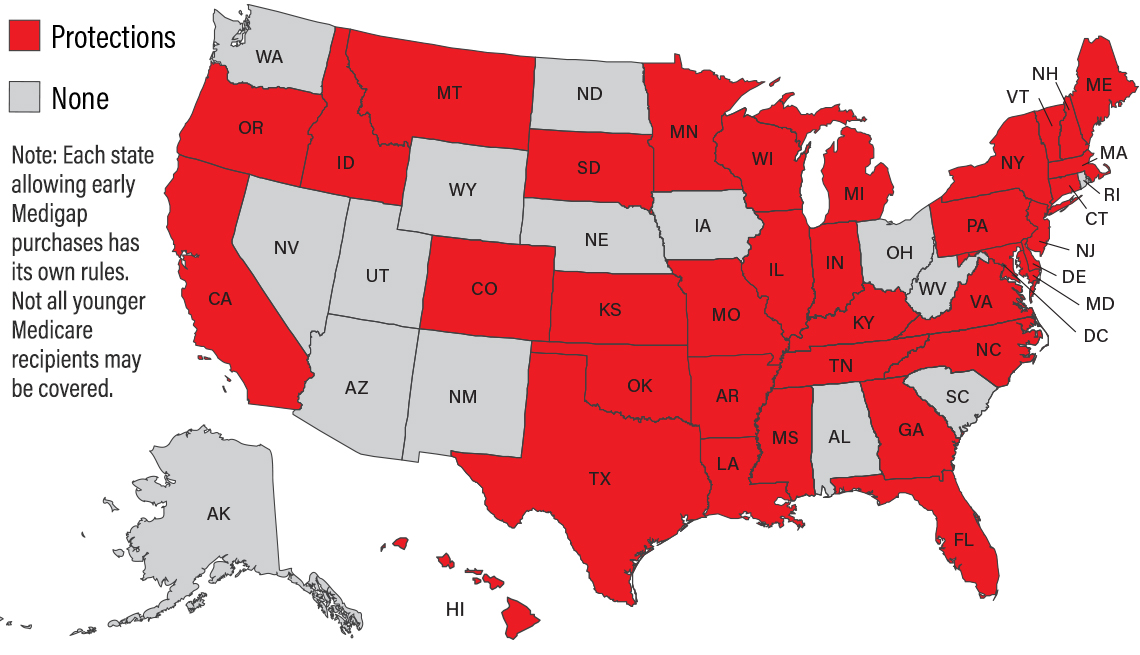 US Map showing which states have Medigap protections for people under 65