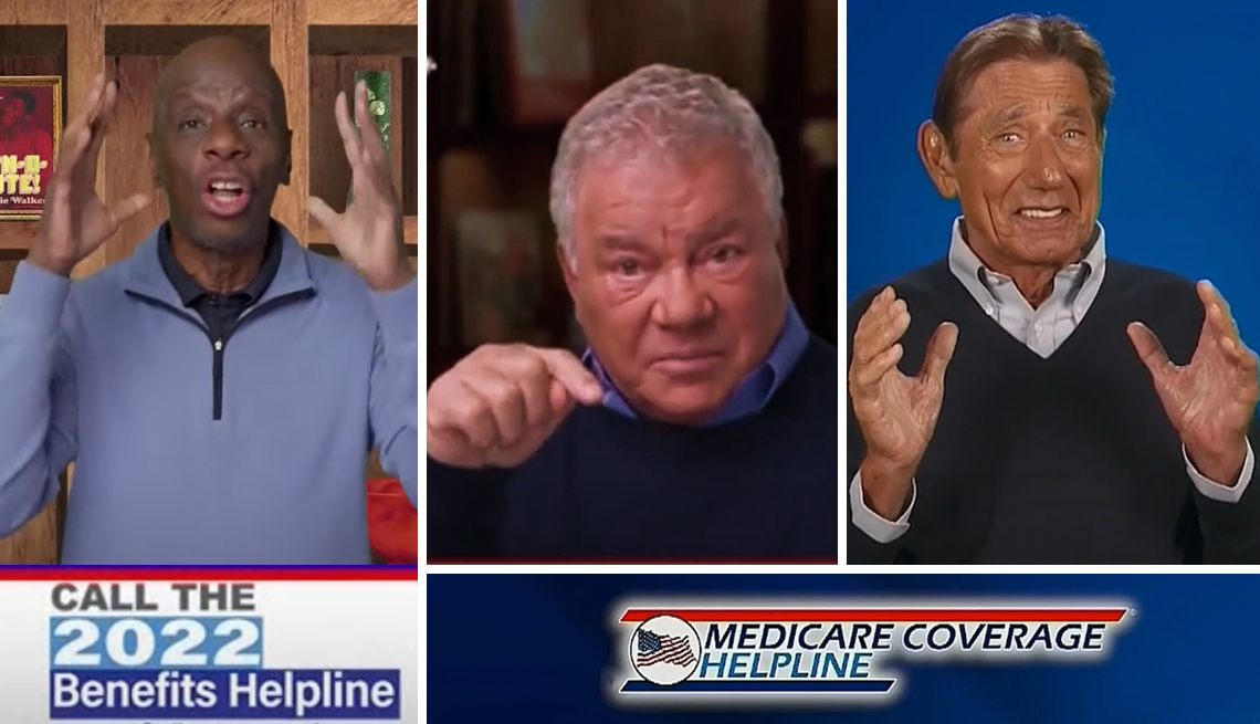Capturas de pantalla de tres comerciales de televisión que anuncian planes Medicare Advantage, con las personalidades Jimmie Walker, William Shatner y Joe Namath