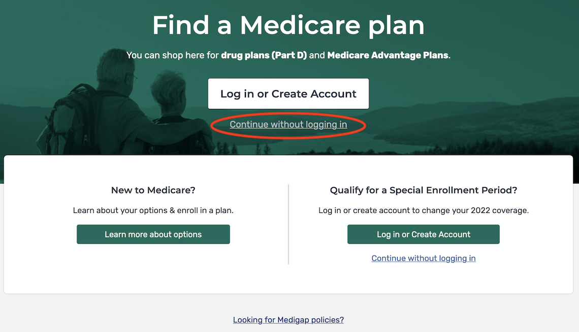 a screenshot of the main page of the find a medicare plan website with "continue without logging in" circled in red