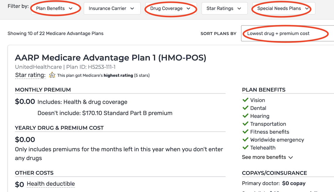 a screenshot of the filters available on the medicare advantage plan website including plan benefits, drug coverage and special needs plans