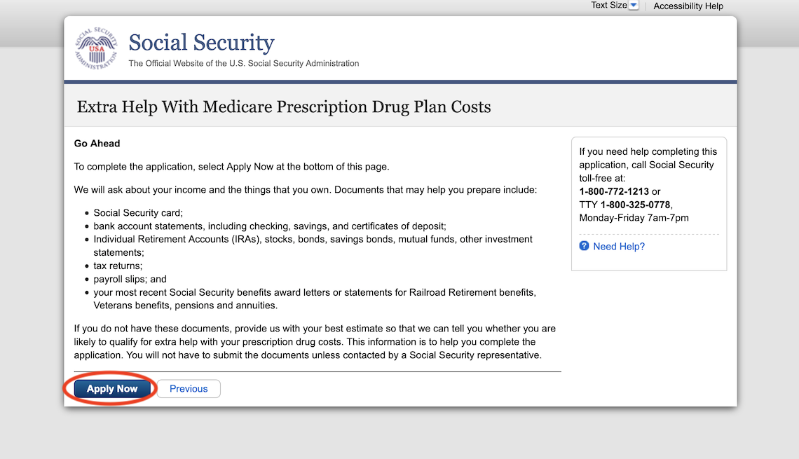 a screenshot of the social security website extra help with medicare prescription drug plan page with the apply now button circled in red