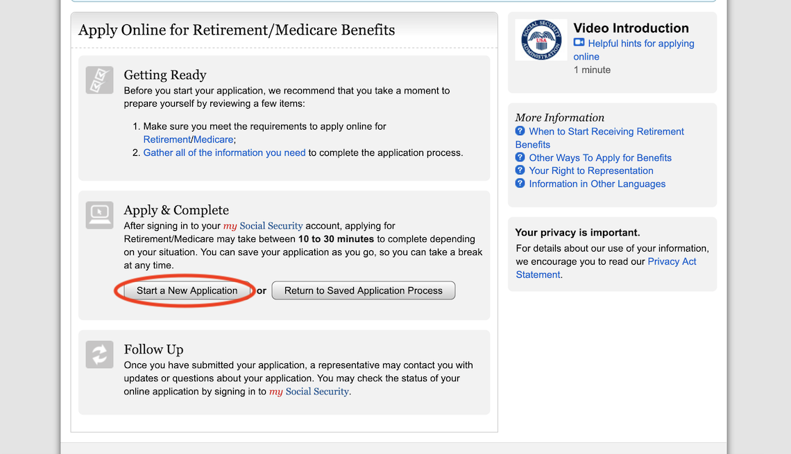screenshot of the social security administrations medicare online application apply for benefits page. A buttons reading start a new application is circled in red