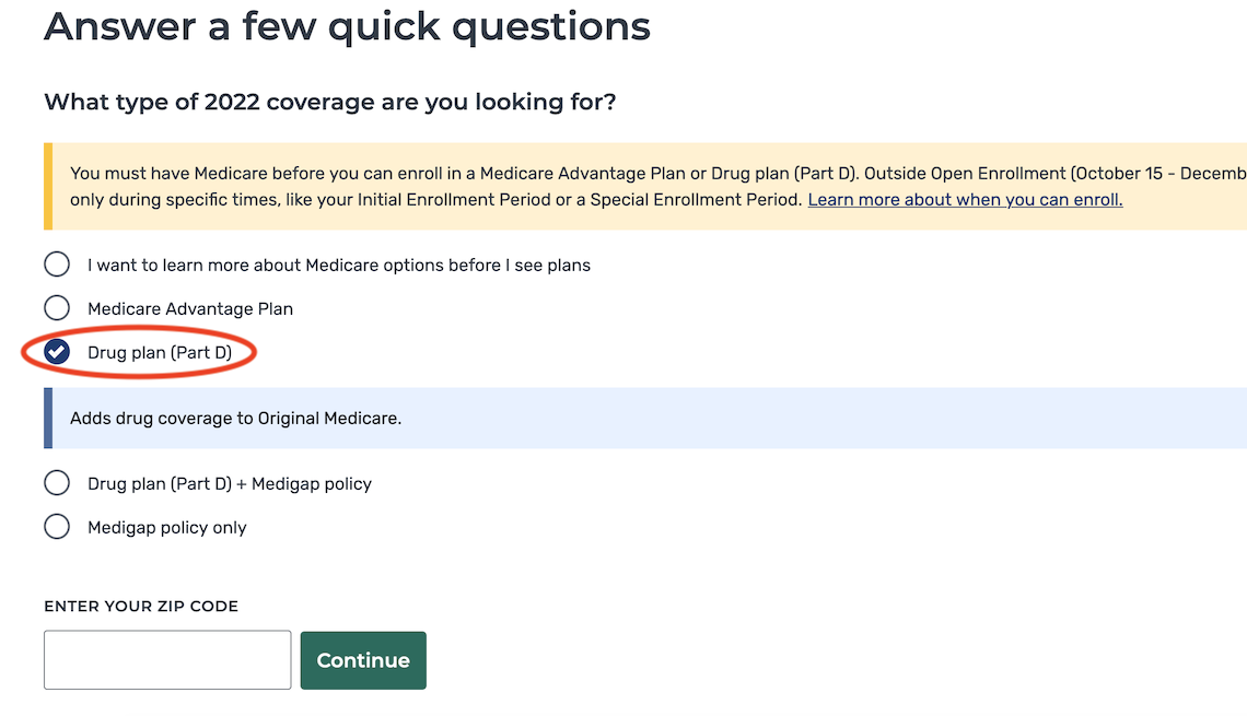 screenshot of the medicare plan finder tool showing fields for what type of coverage you're looking for and your zip code. The option to choose drug plan pat d is circled in red