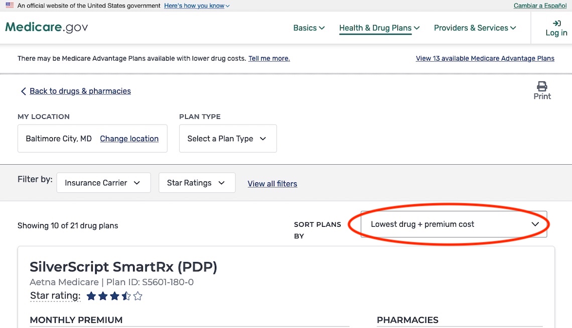 a screenshot of the medicare plan finder tool local drug plan results page. The field to sort plans by lowest drug and premium cost is circled in red.