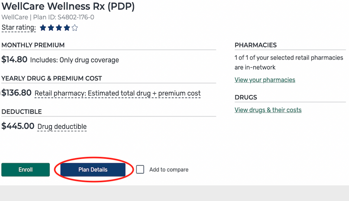 a screenshot of the medicare plan finder tool local drug plan results page with a blue plan details button circled in red