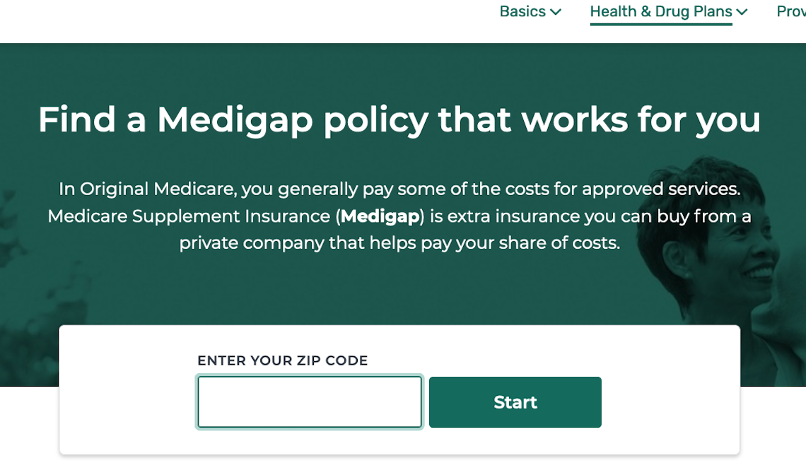 screenshot of the medicare medigap plan finder website instructing the user to enter their zip code to find a medigap policy that works for you 