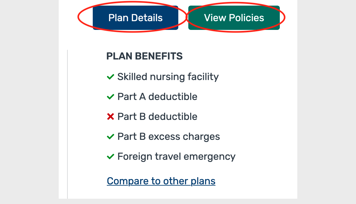 a screenshot of the medicare plan finder website medigap plans list page with the “plan details” and “view policies” buttons circled in red