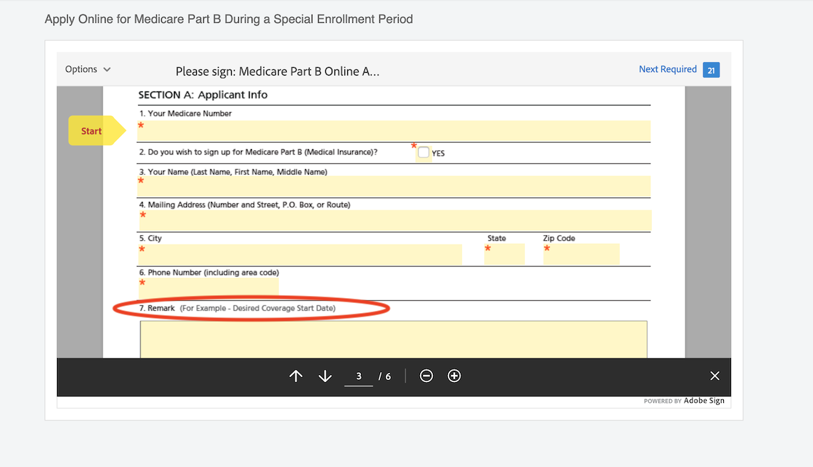 a screenshot of section A of the medicare part b online application with the section “remark” circled in red